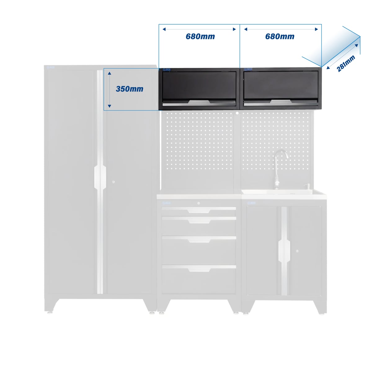SGS 7pc Garage Storage System | 4 Drawers | Stainless Steel Worktop | Sink Unit | 2x Upper Cabinets | Tall Double Cabinet
